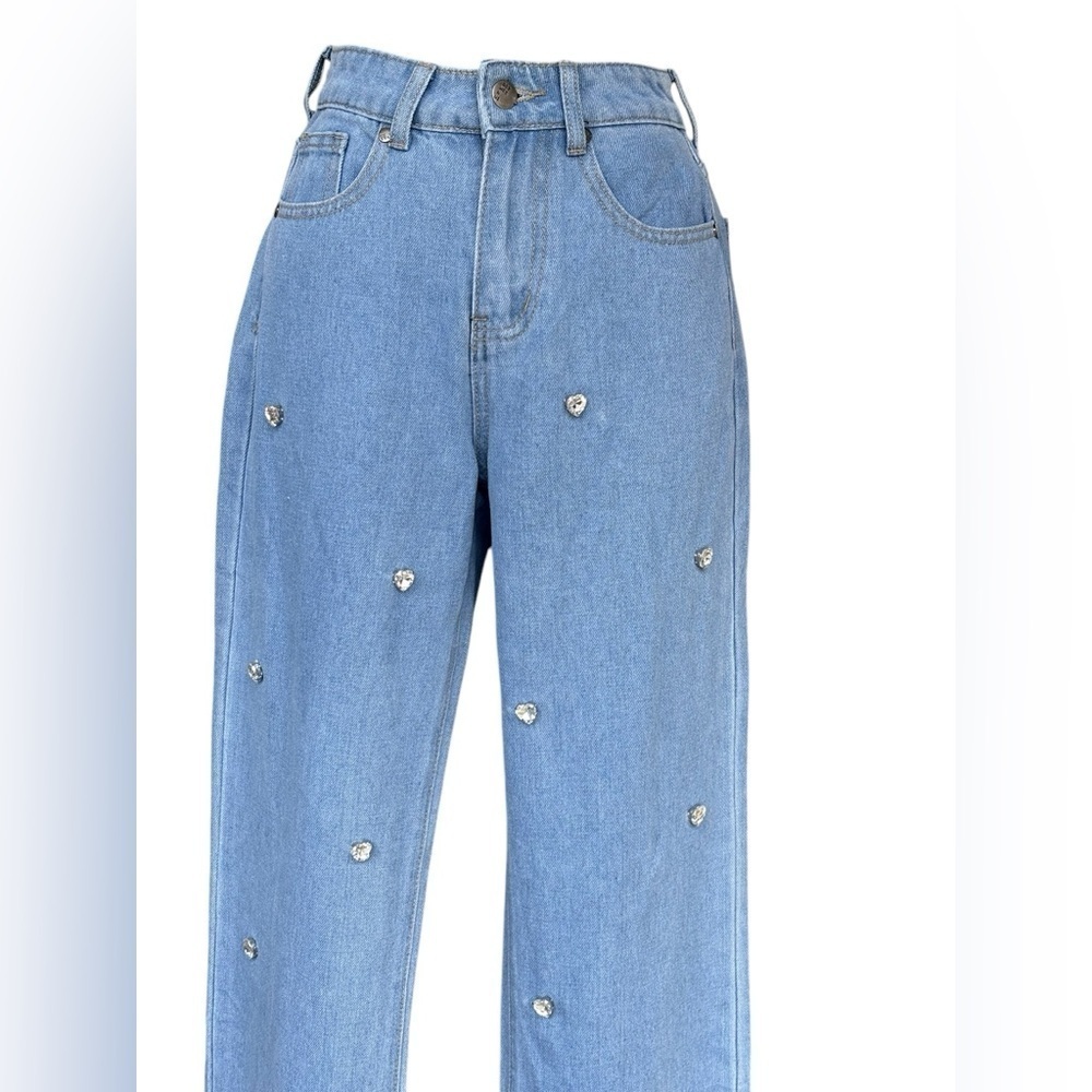 Between Us women’s hearts rhinestones wide led denim jeans raw hem size 0 used - Picture 4 of 9